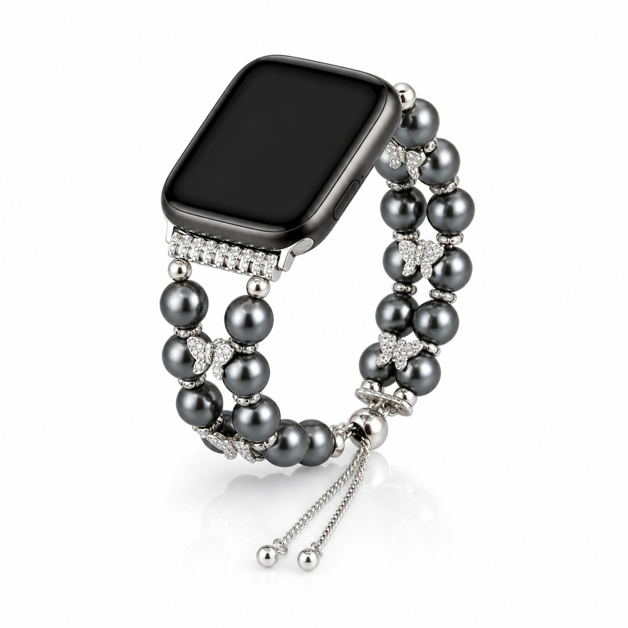 Pearl Charm Double-Strand Apple Watch Band - Silver Chain + Gray Pearl