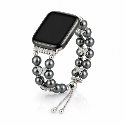 Pearl Charm Double-Strand Apple Watch Band - Silver Chain + Gray Pearl