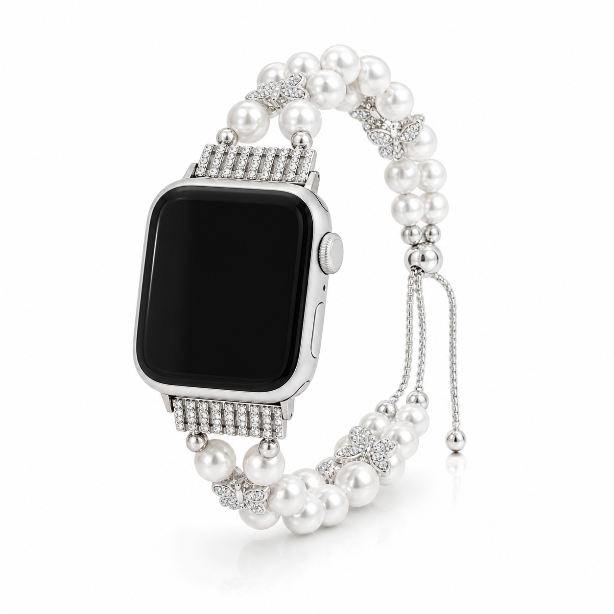 Pearl Charm Double-Strand Apple Watch Band - Silver Chain + White Pearl