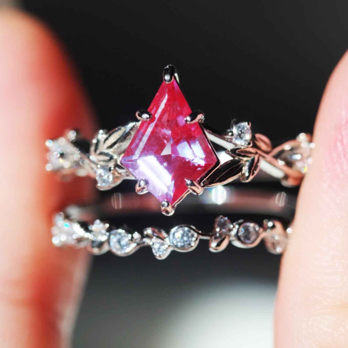 STAR WISH alexandrite forest leaf sterling silver ring set front view