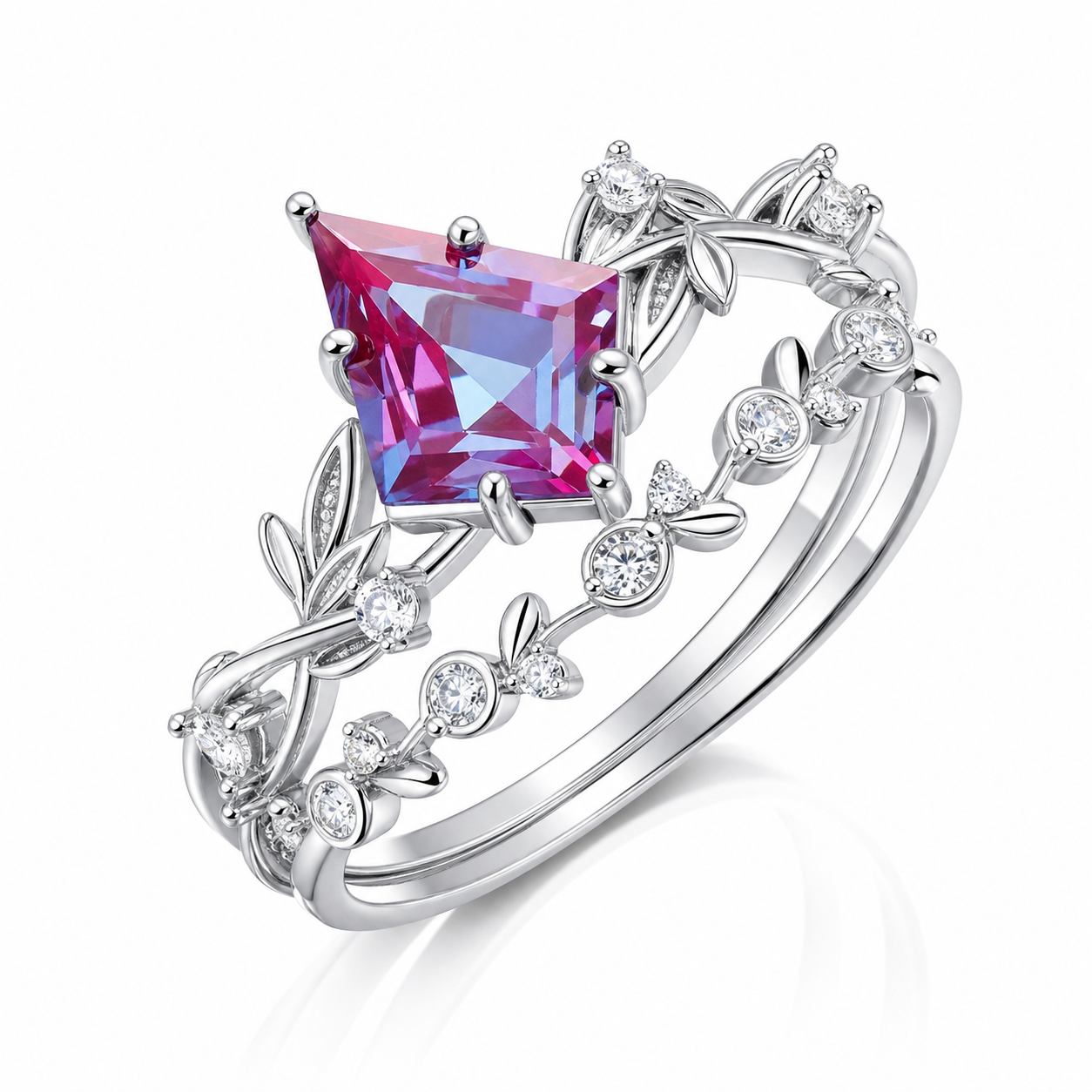 STAR WISH alexandrite forest leaf sterling silver ring set on white background