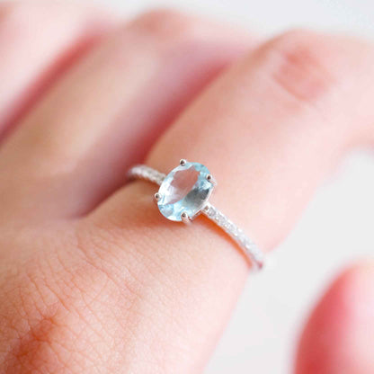 Close up of natural aquamarine gemstone ring in sterling silver