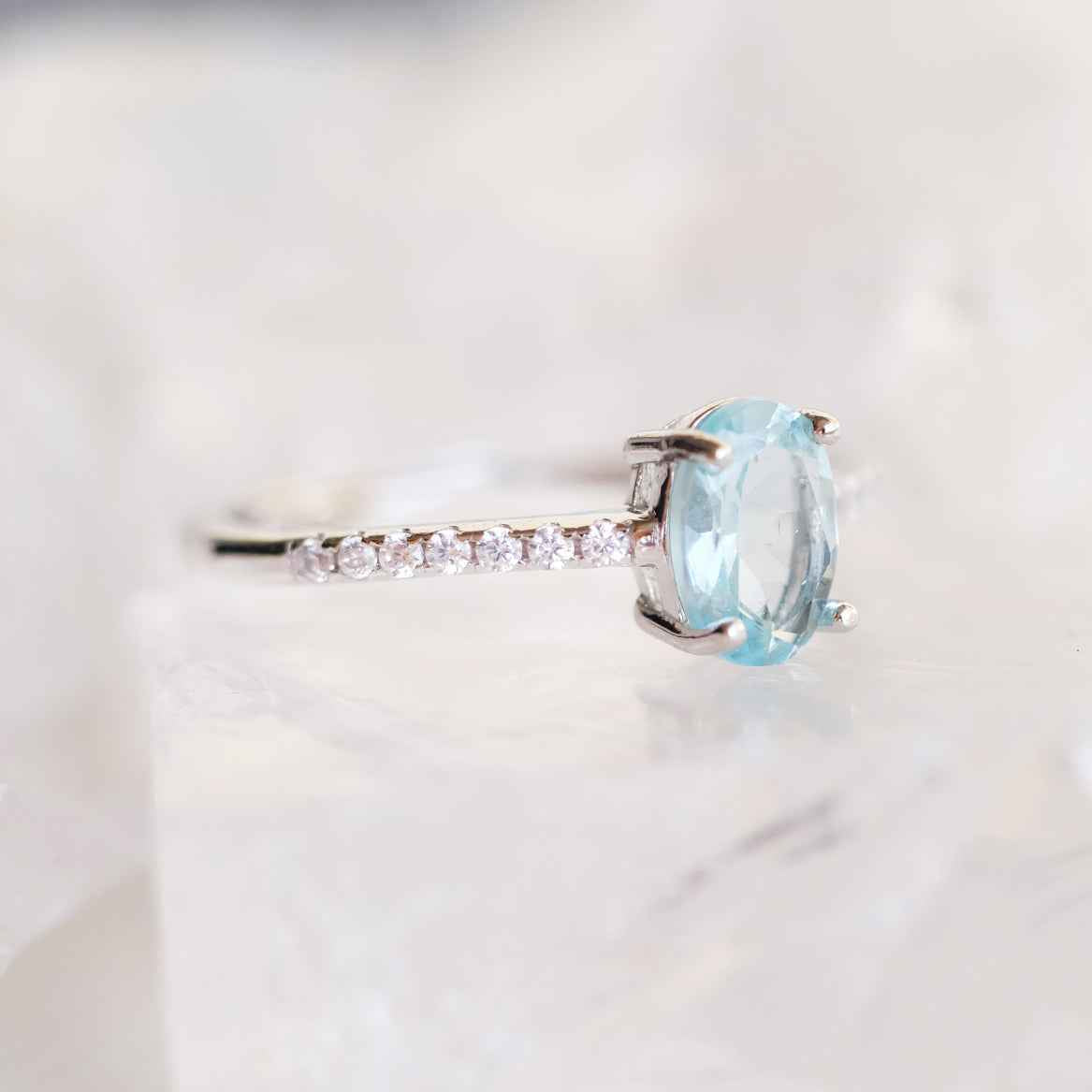 Detail view of STAR WISH aquamarine ring with sterling silver setting