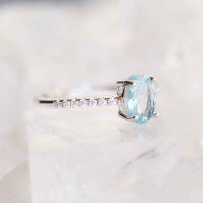Detail view of STAR WISH aquamarine ring with sterling silver setting