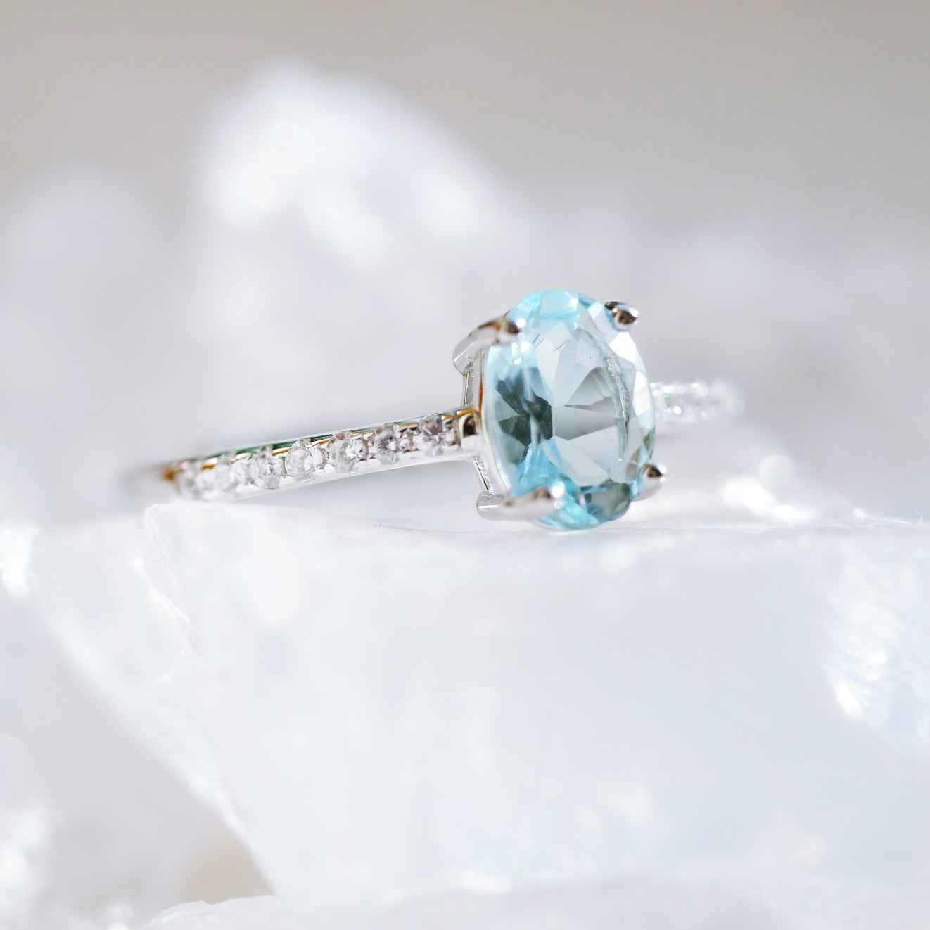 STAR WISH aquamarine sterling silver adjustable ring shown on hand