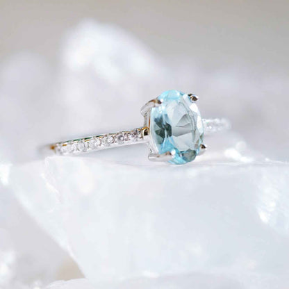 STAR WISH aquamarine sterling silver adjustable ring shown on hand
