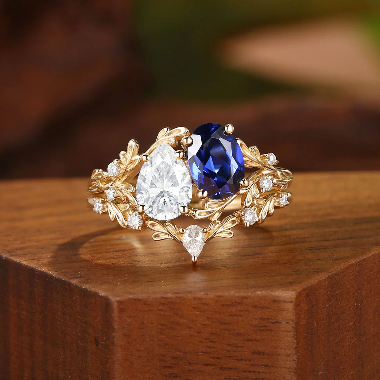 Blue sapphire and moissanite floral branch ring set assembled detail