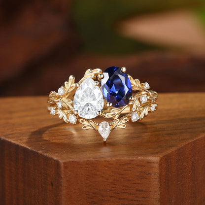 Blue sapphire and moissanite floral branch ring set assembled detail