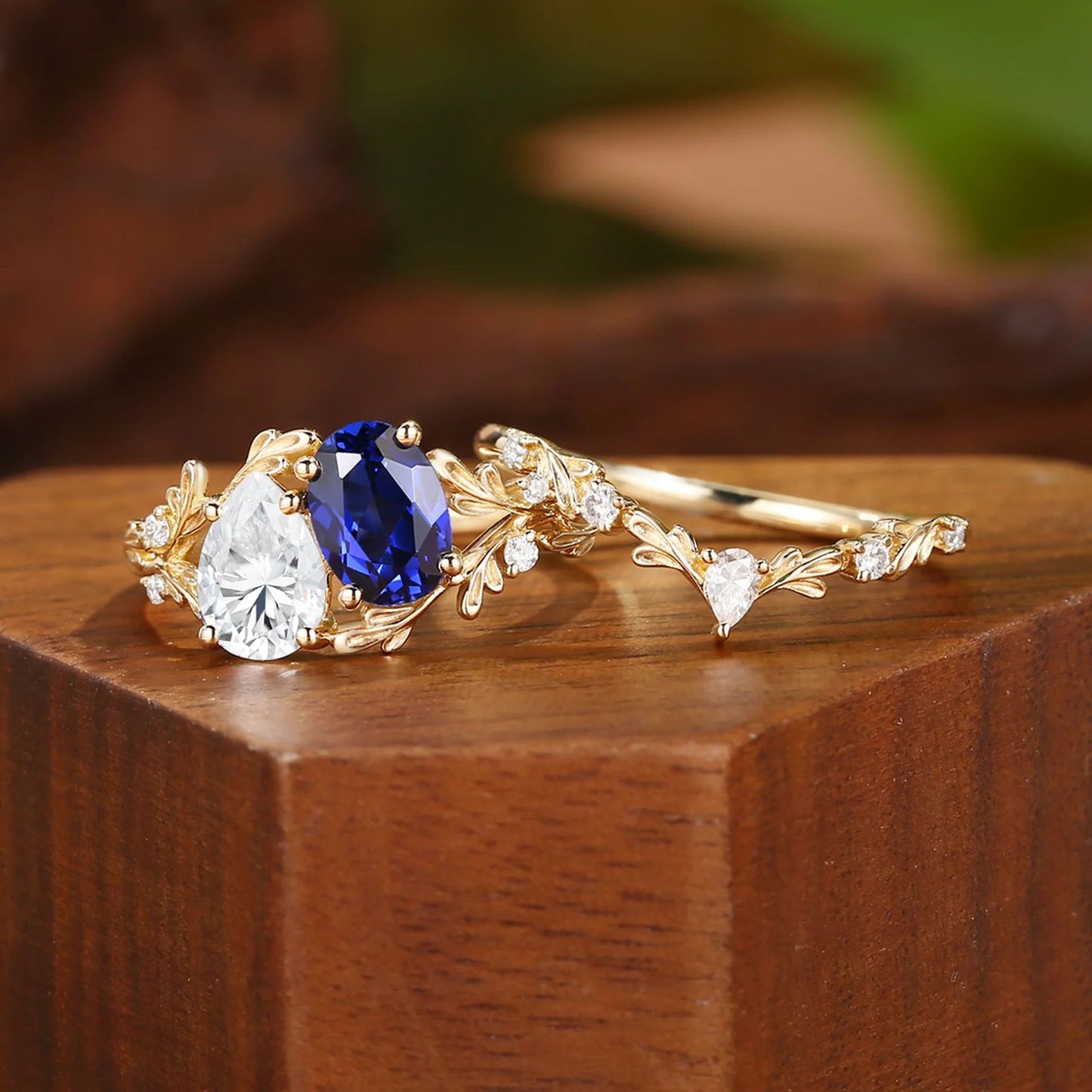 Blue sapphire and moissanite floral branch stacked ring set front detail