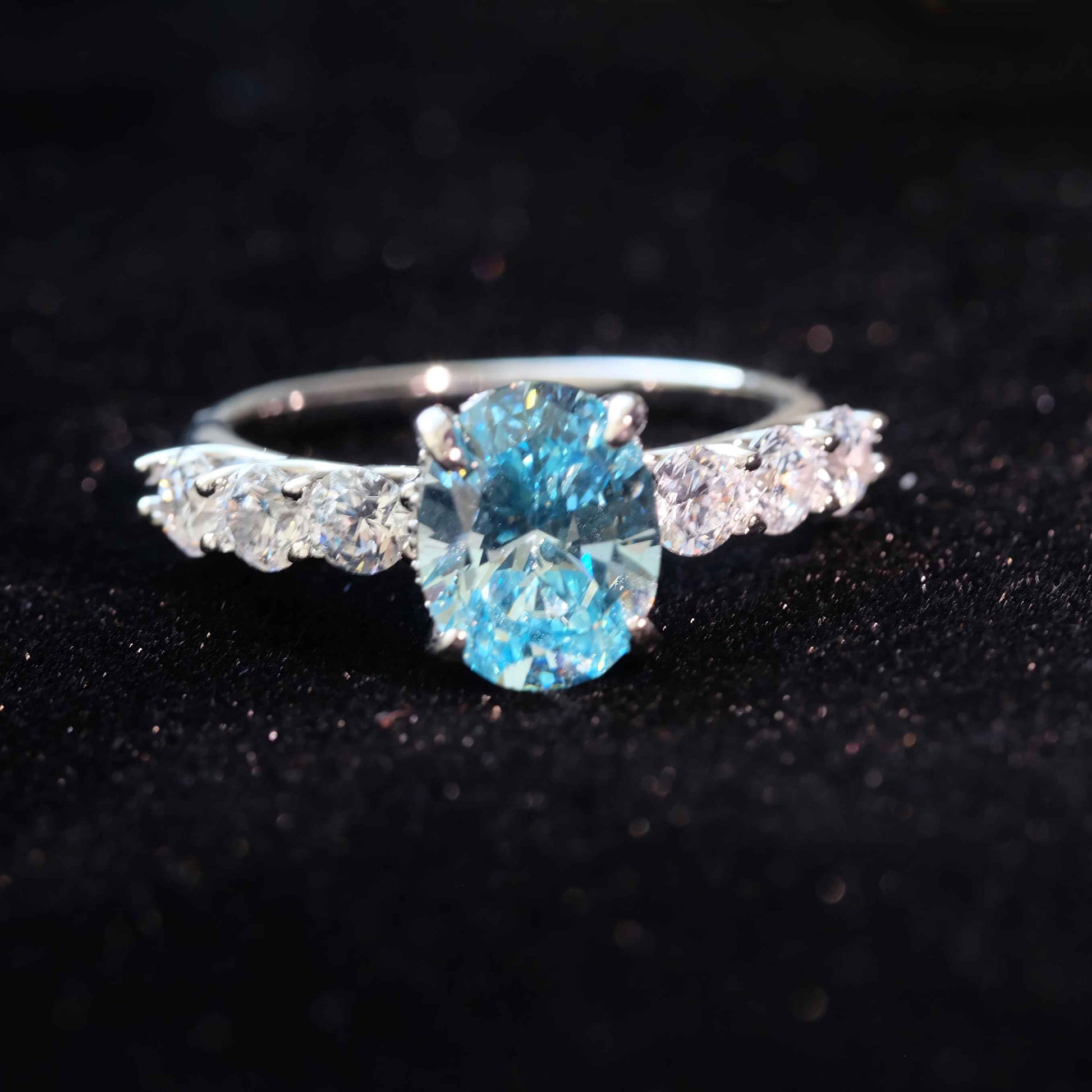 Detail view of STAR WISH blue zircon ring with sterling silver setting