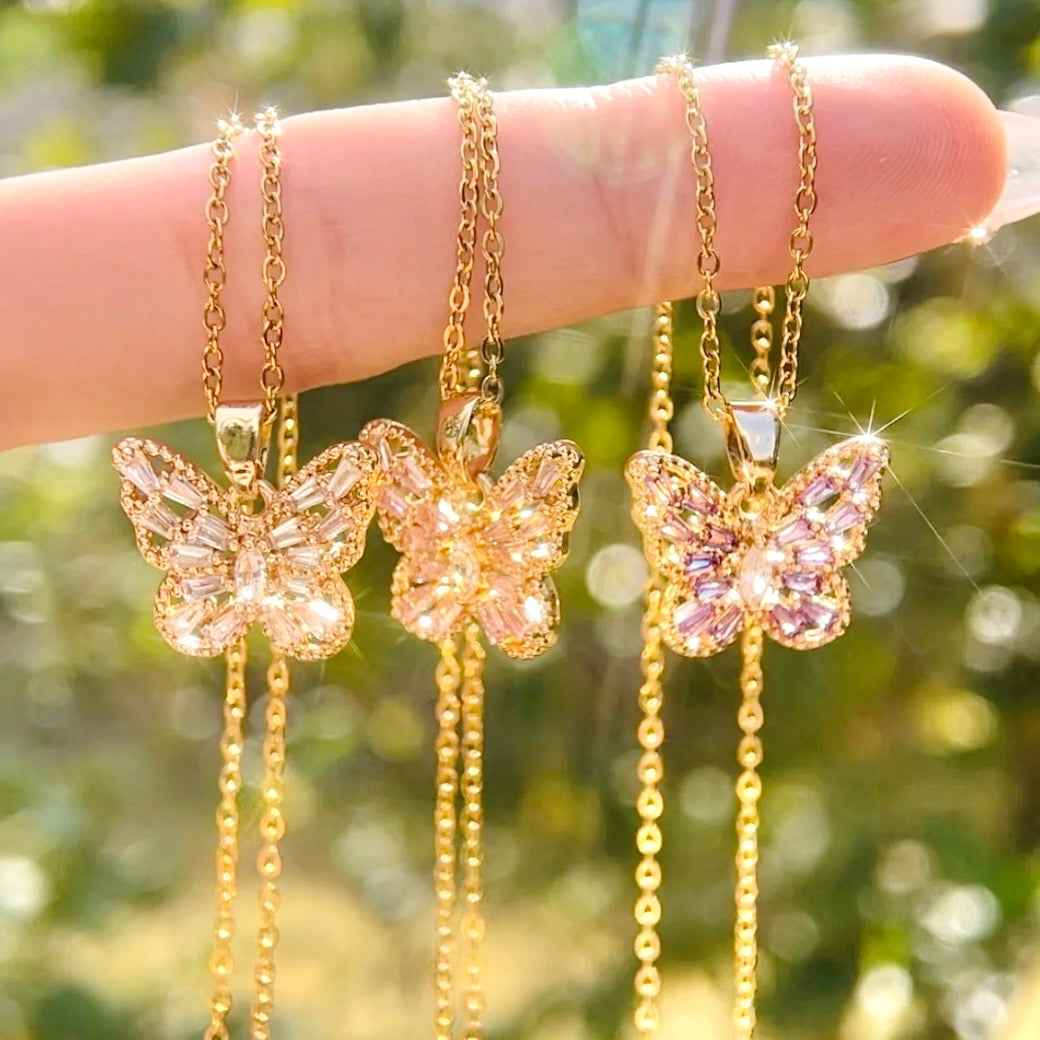 Close up of STAR WISH butterfly necklace with colorful pendant details