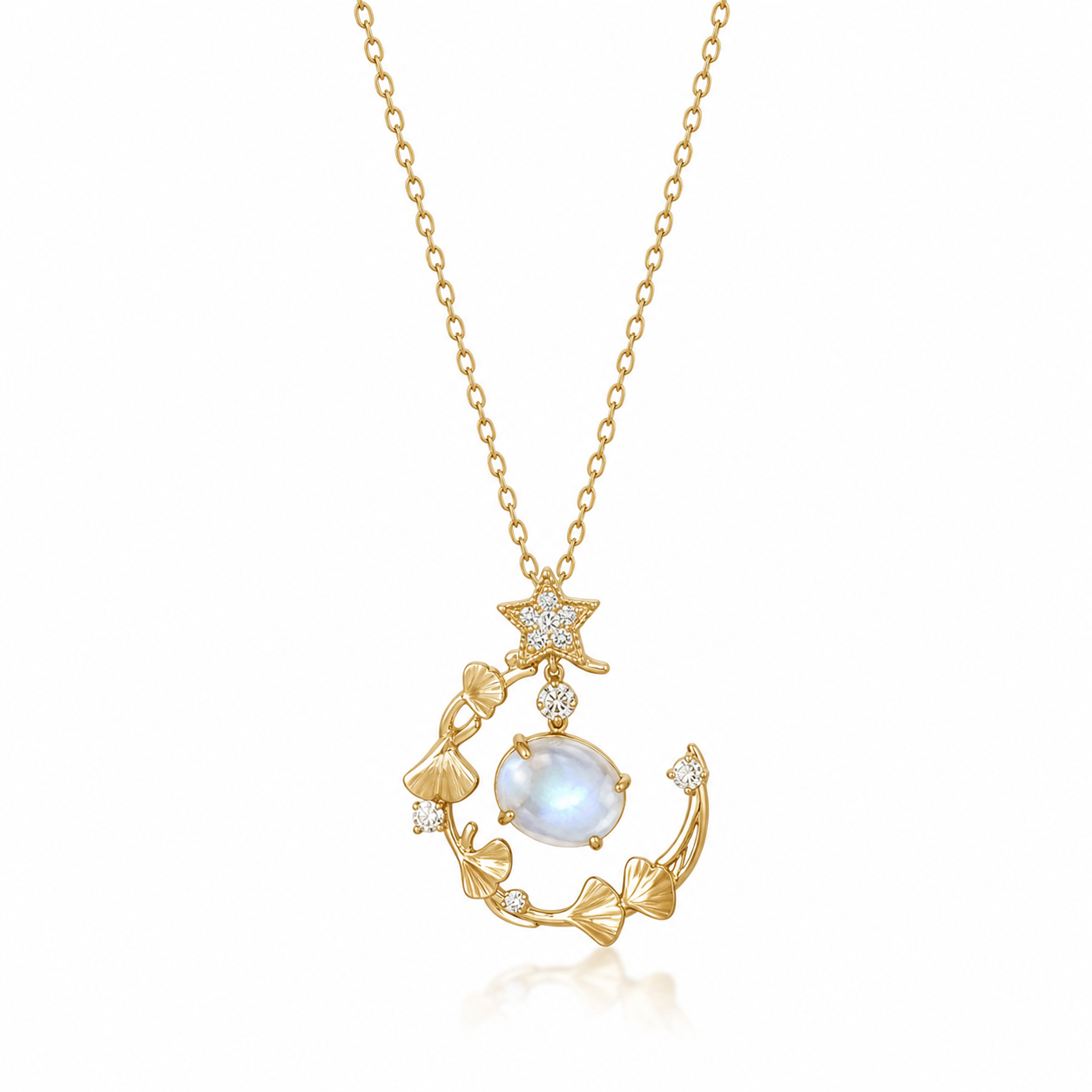 STAR WISH creamy moonstone botanical moon necklace on white background