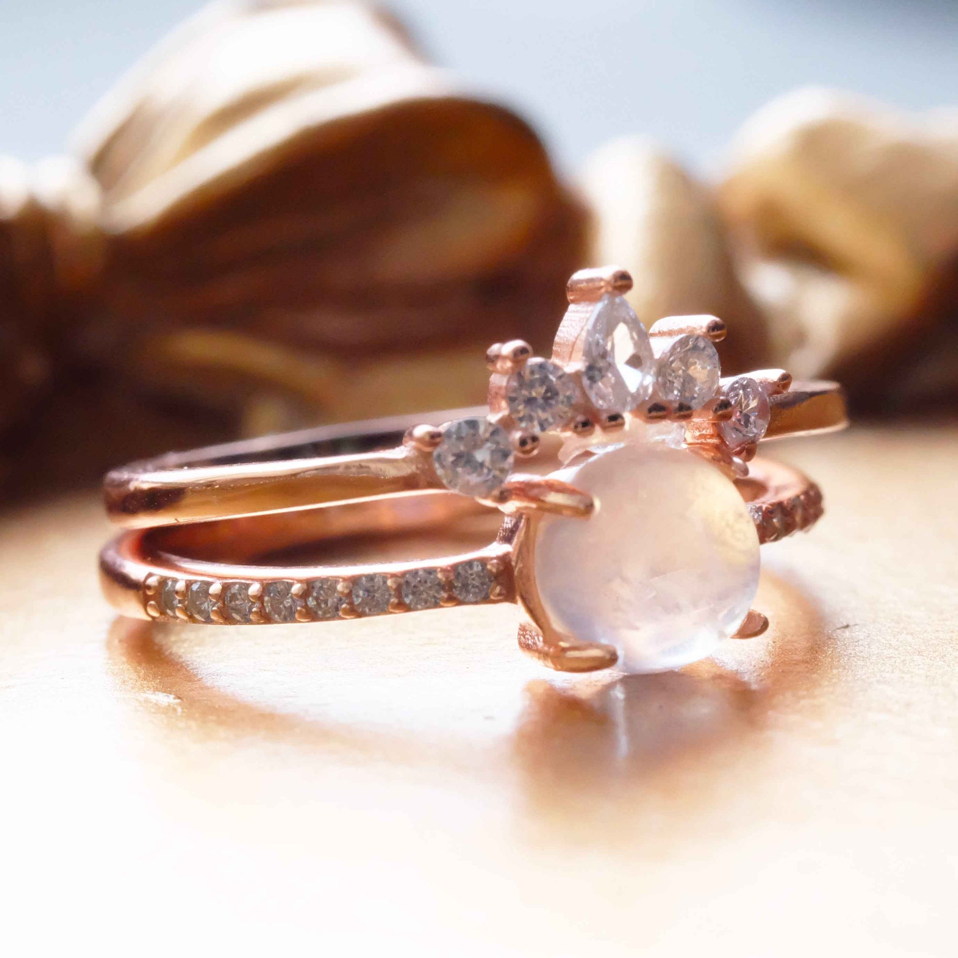 Side view of STAR WISH crown moonstone ring in rose gold plated silver