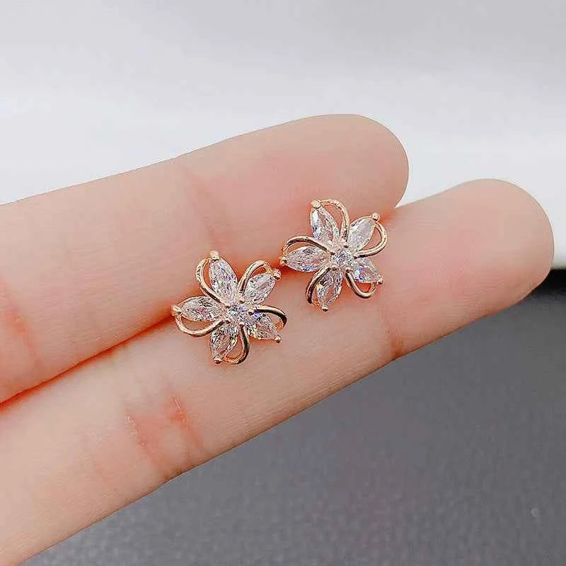 Five Petal Zircon Flower Stud Earrings