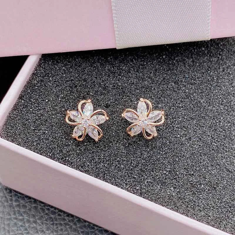Five Petal Zircon Flower Stud Earrings