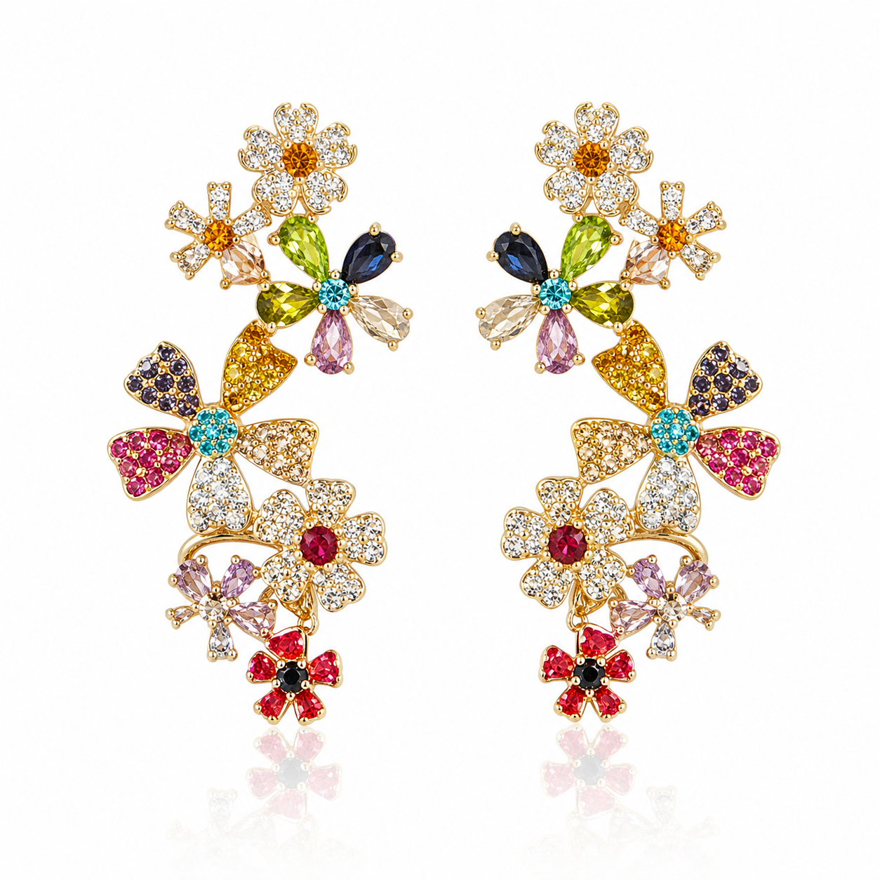 STAR WISH floral tassel stud earrings with multicolor crystal accents on white background