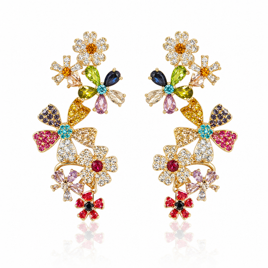 STAR WISH floral tassel stud earrings with multicolor crystal accents on white background