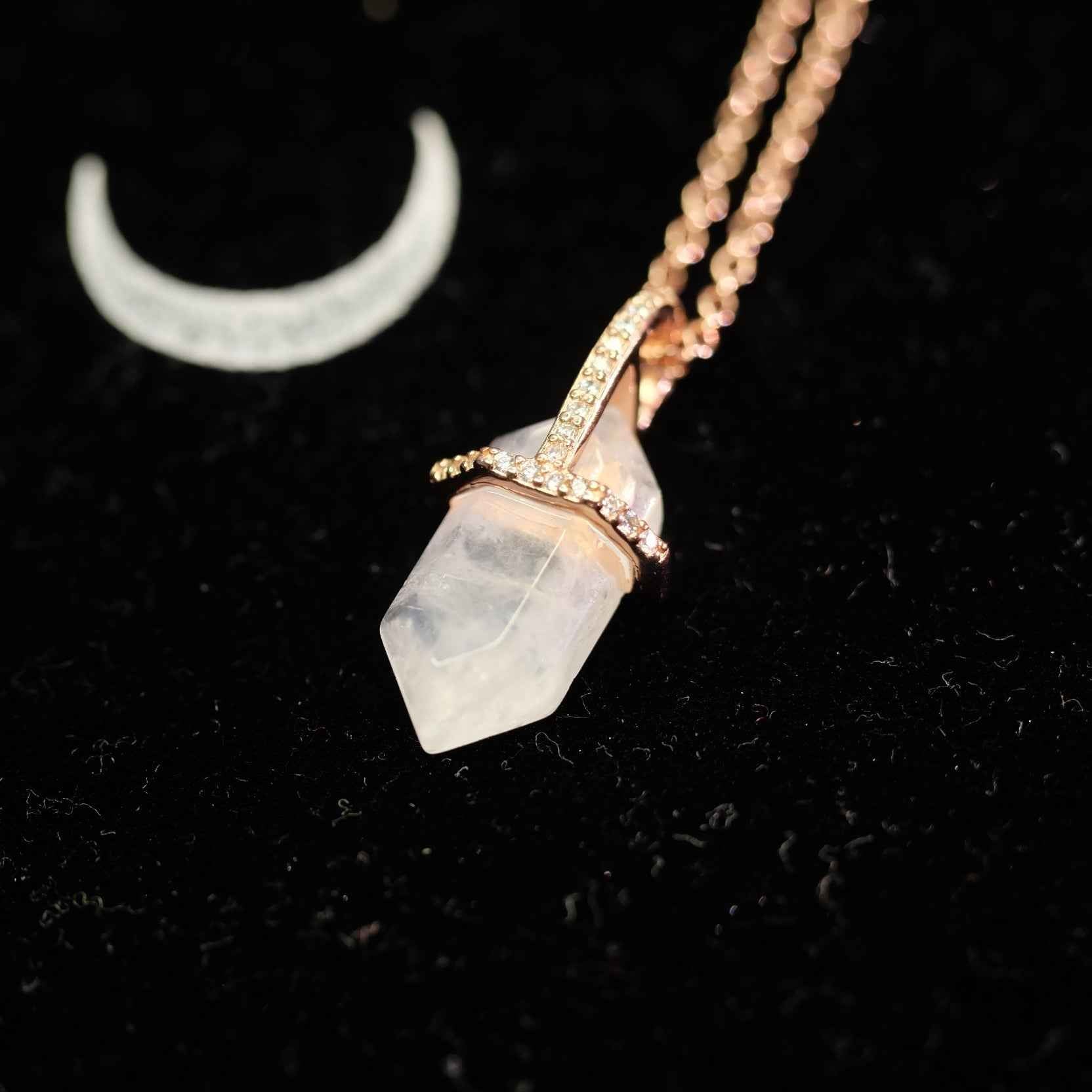 Close up of STAR WISH hexagon moonstone pendant necklace