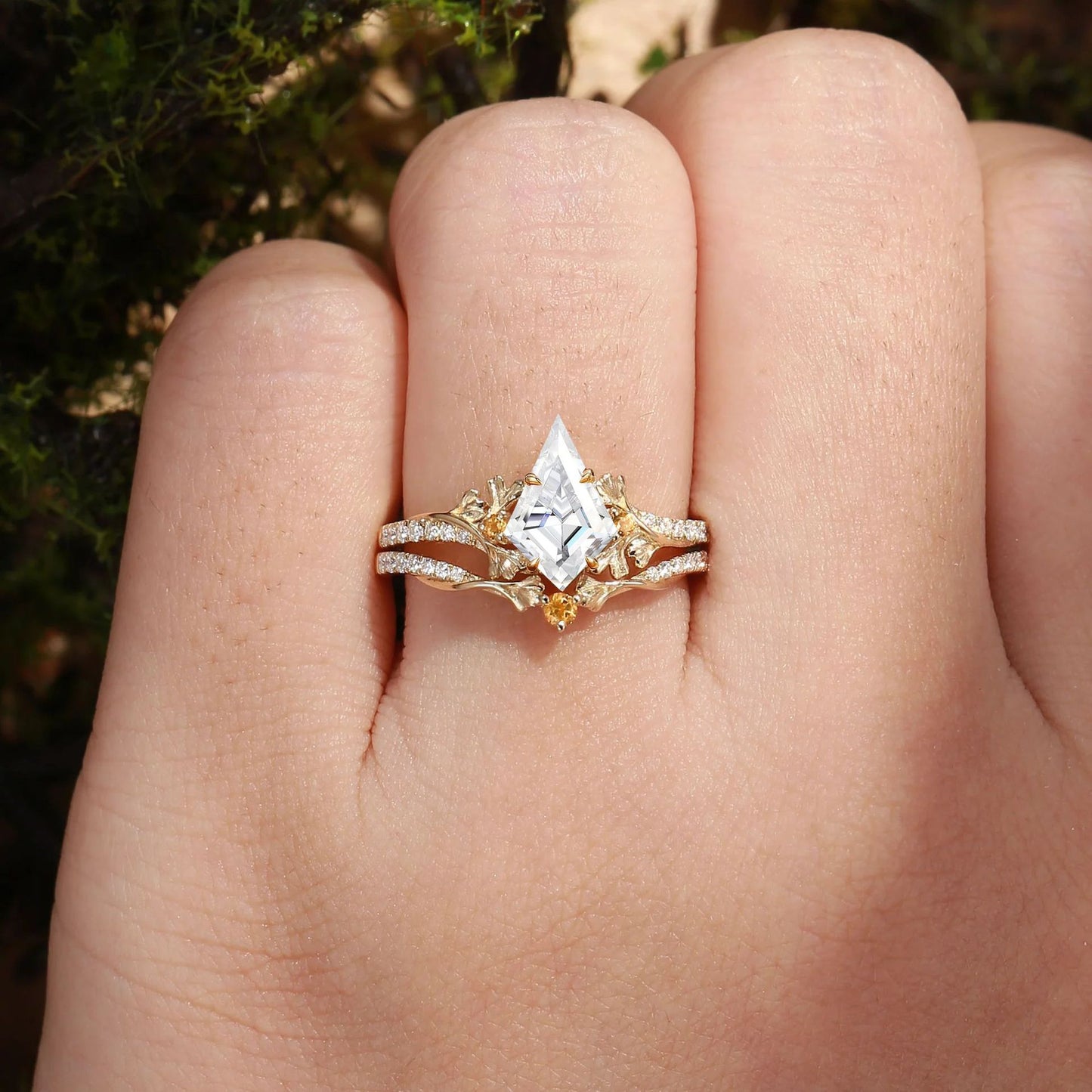 Kite moissanite stacking ring worn