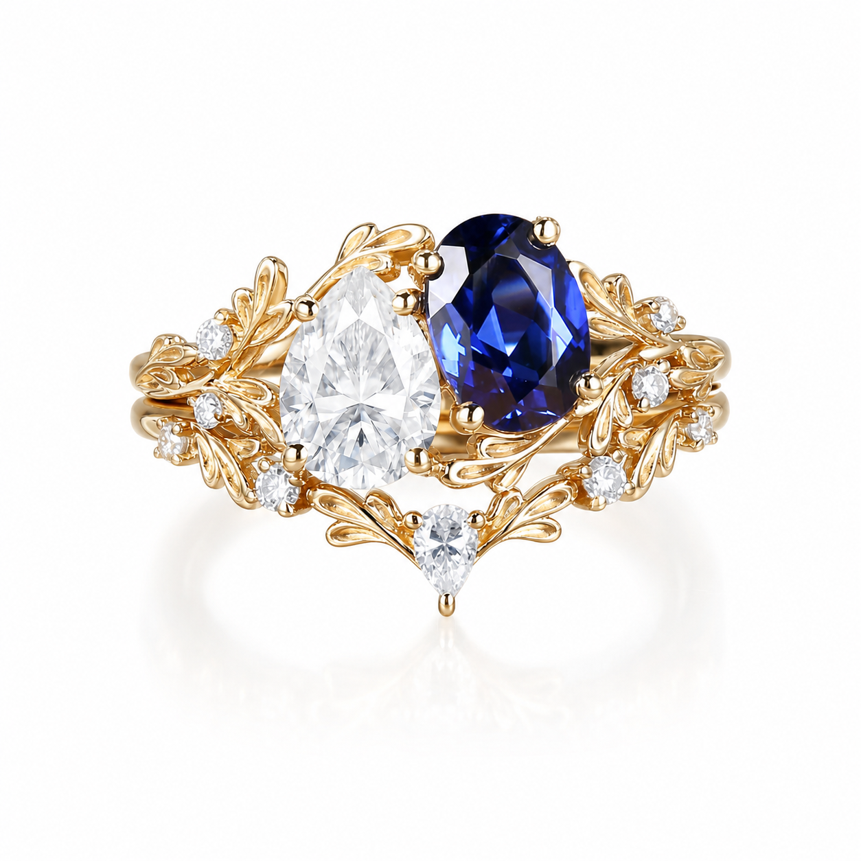 STAR WISH lab-grown blue sapphire and moissanite floral branch ring set on white background