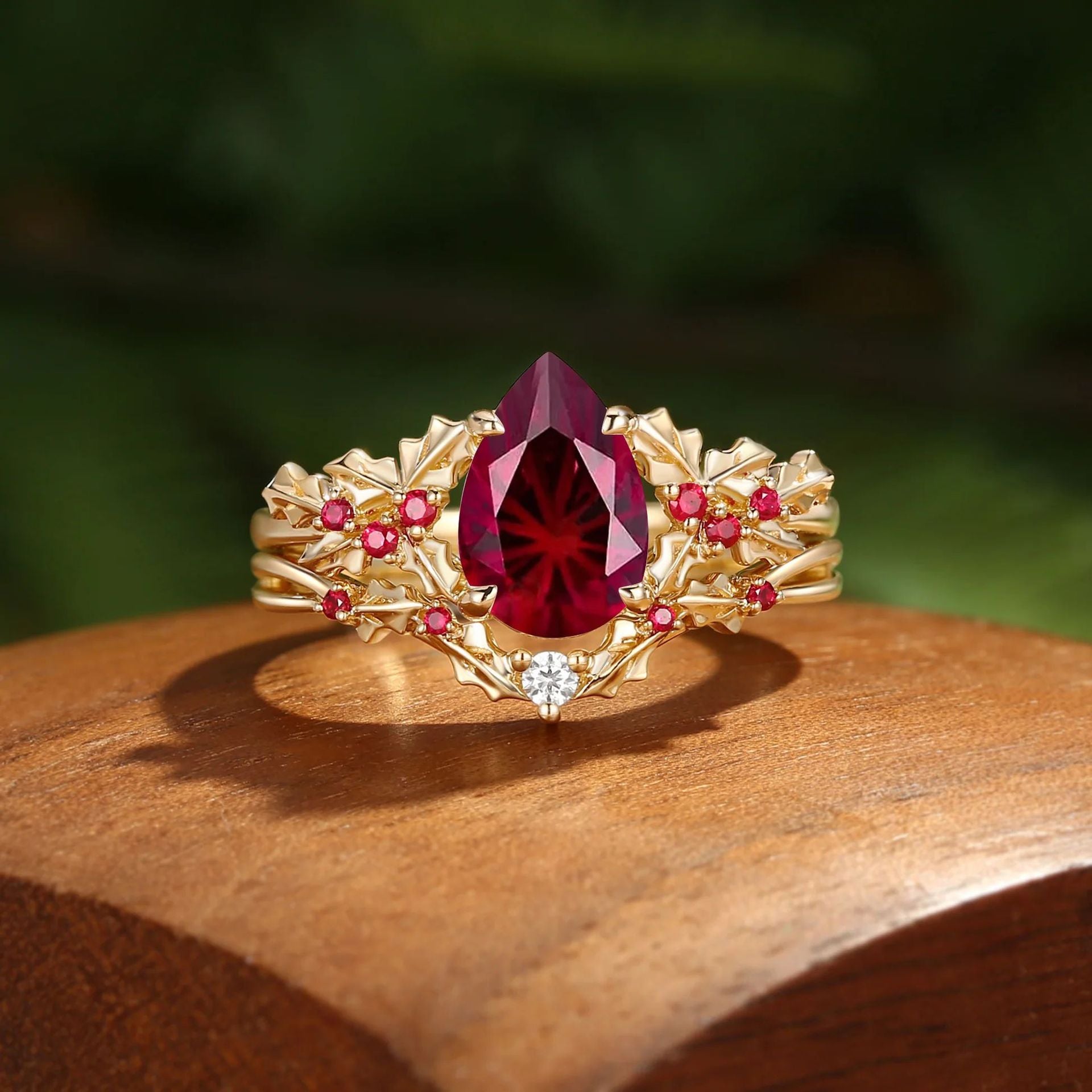 Pear-cut lab-grown pigeon blood ruby leaf ring set product view