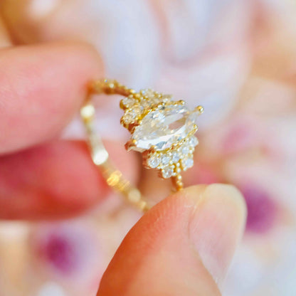 Detail view of marquise ring setting and polished band