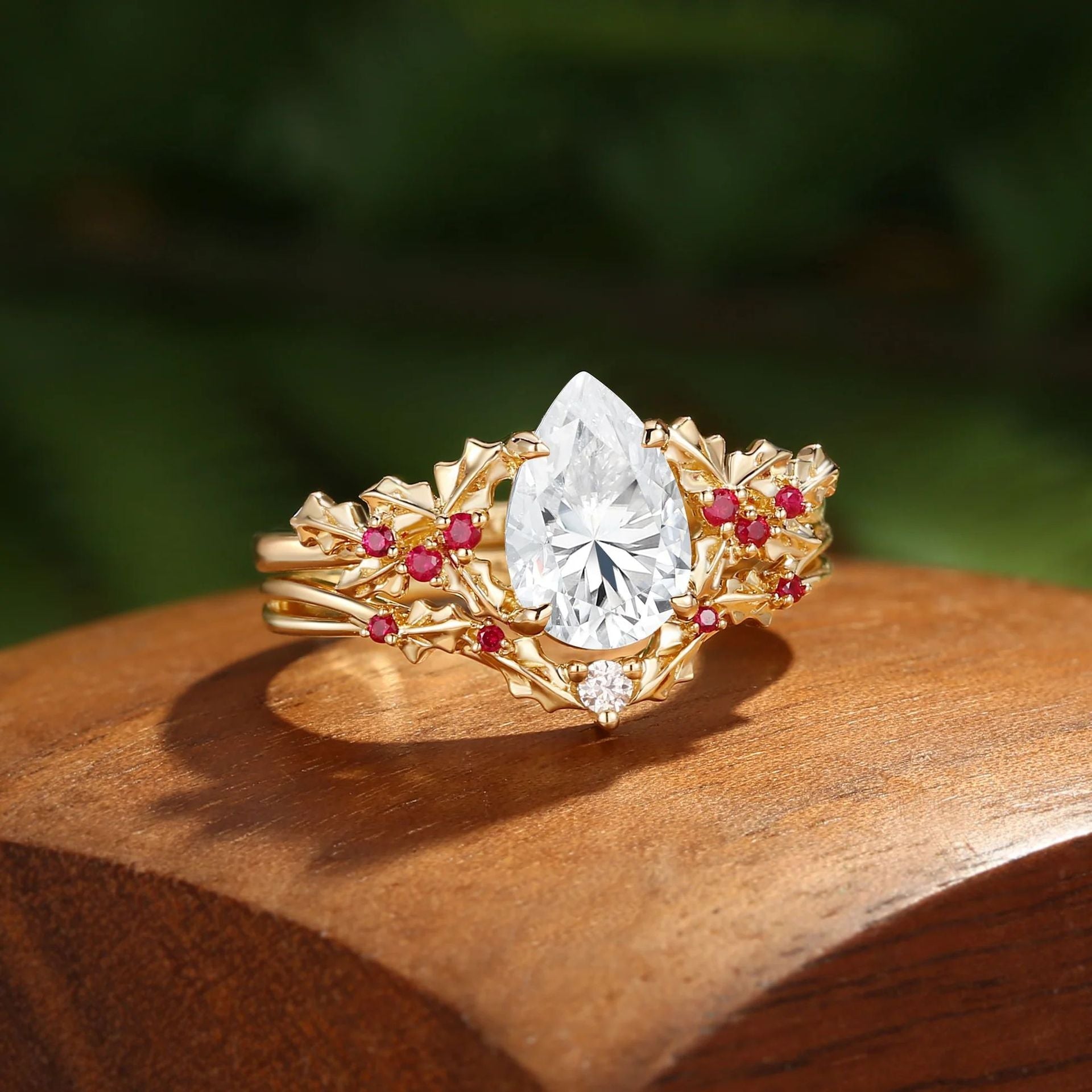 Pear-cut moissanite leaf ring set angled product view