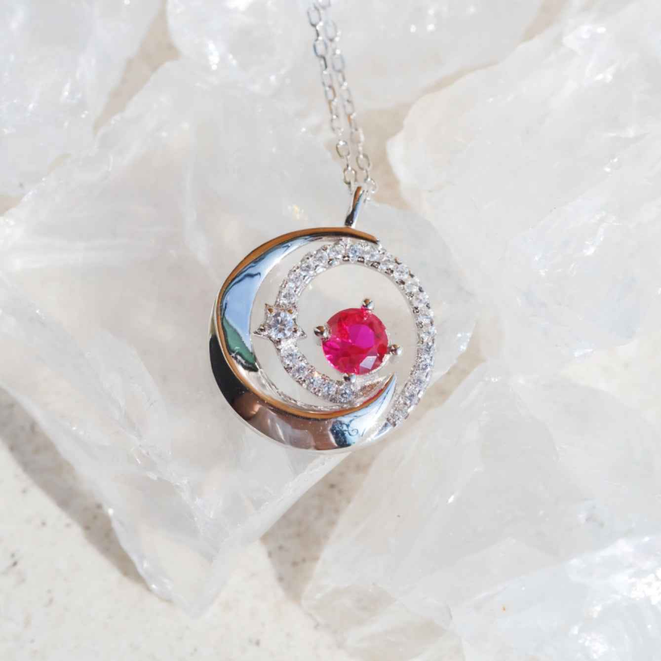 STAR WISH moon and star red zircon necklace as celestial gift jewelry