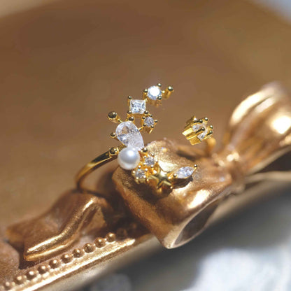 STAR WISH moon and star zircon adjustable ring angled view
