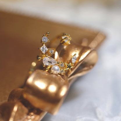 STAR WISH moon and star zircon adjustable ring on hand detail