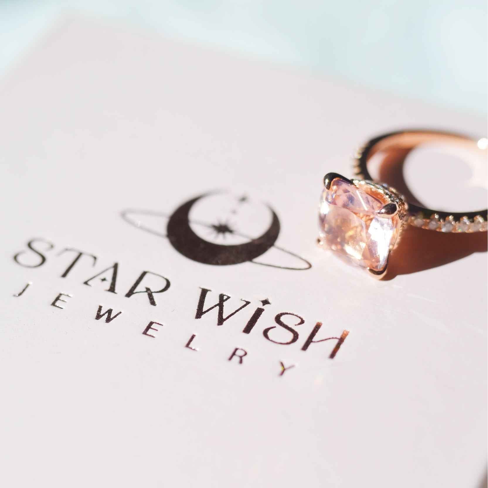 Detail view of STAR WISH morganite-style ring with sterling silver setting