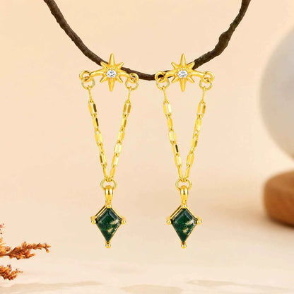 Moss Agate Eight-Point Star Stud Earrings