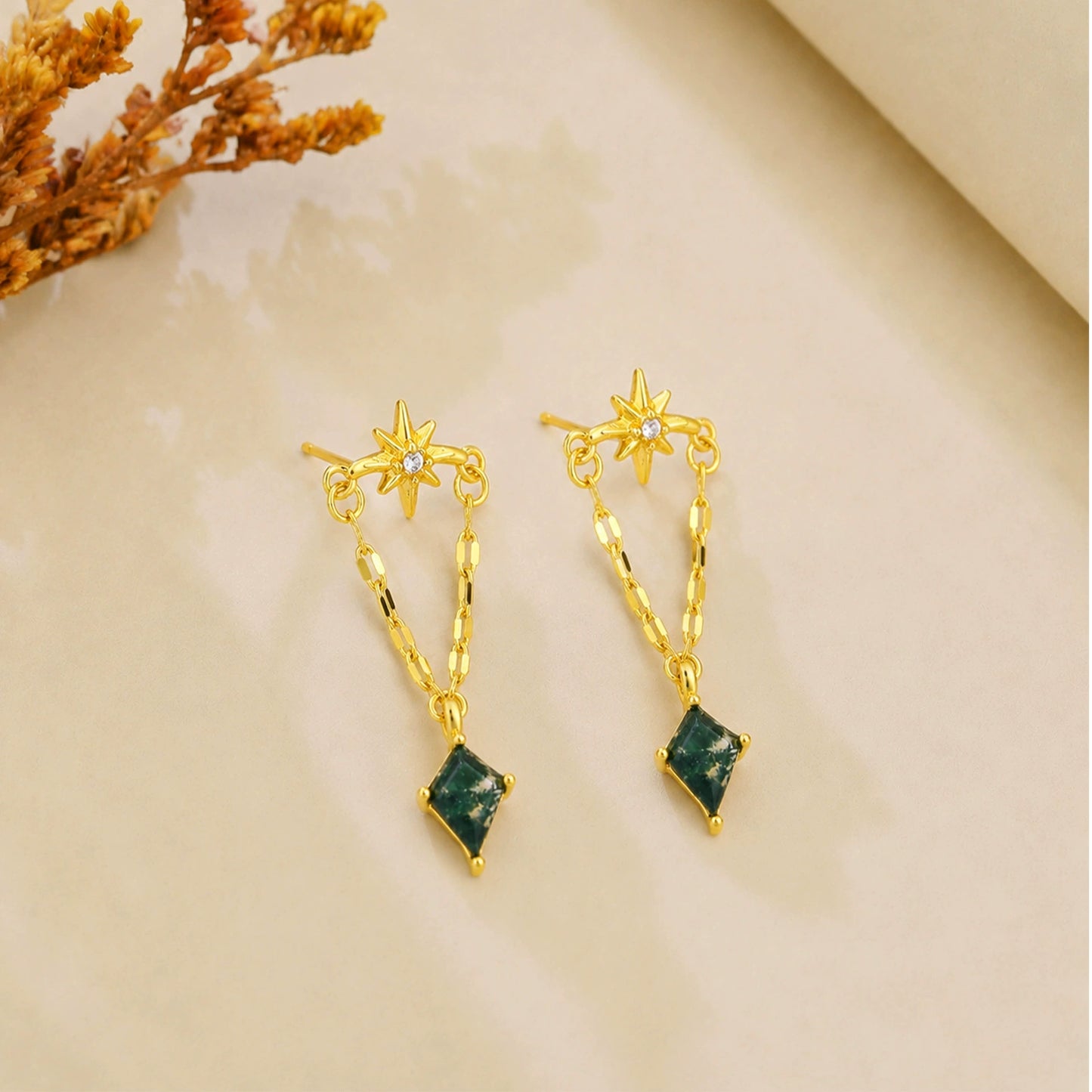 Moss Agate Eight-Point Star Stud Earrings styled view