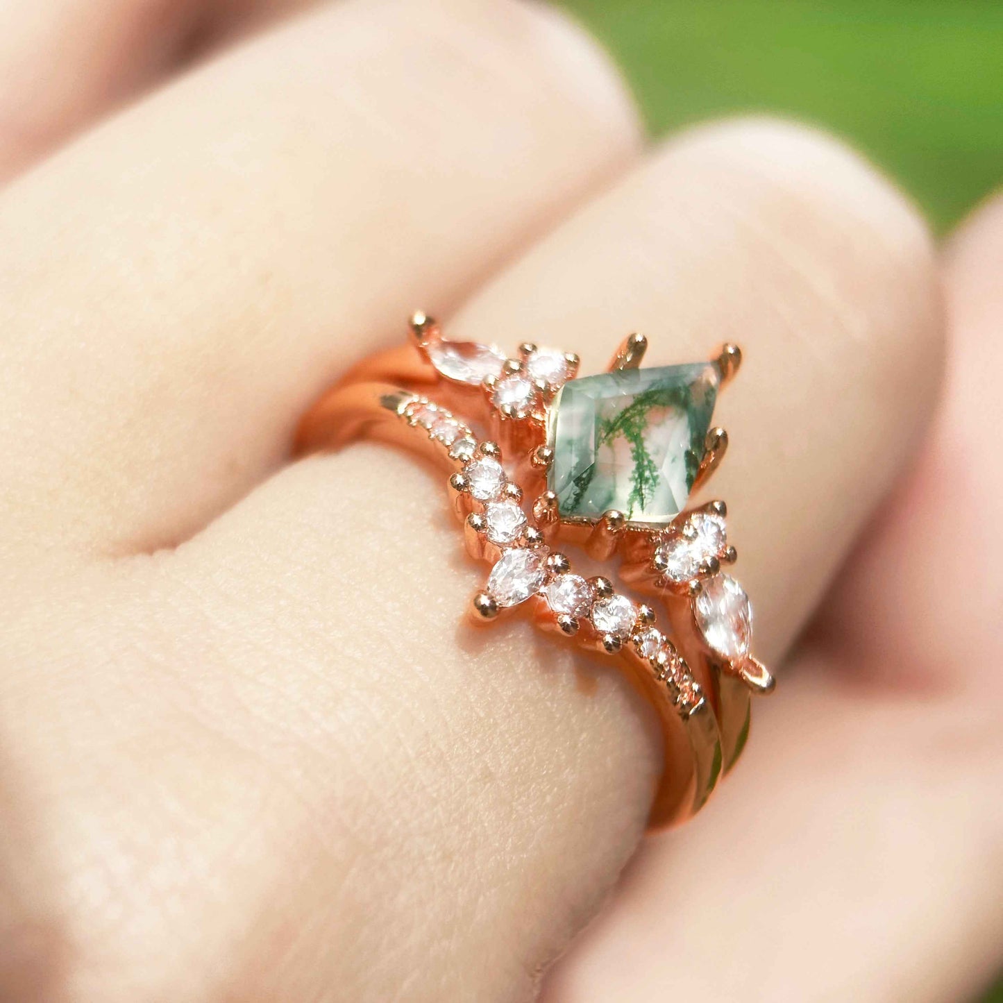 Detail view of STAR WISH moss agate fairy ring set