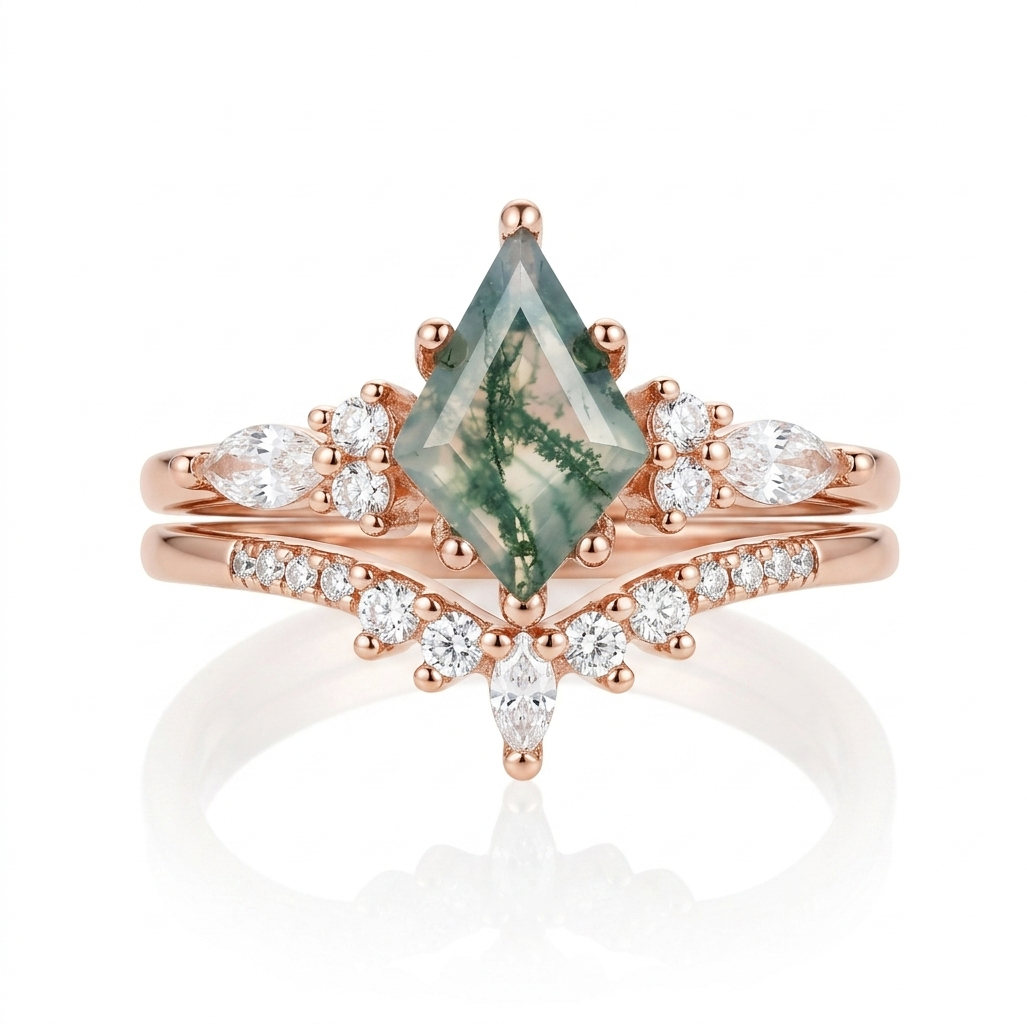STAR WISH moss agate fairy ring set front view with nature inspired stones