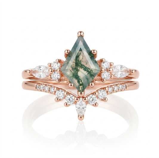 STAR WISH moss agate fairy ring set front view with nature inspired stones
