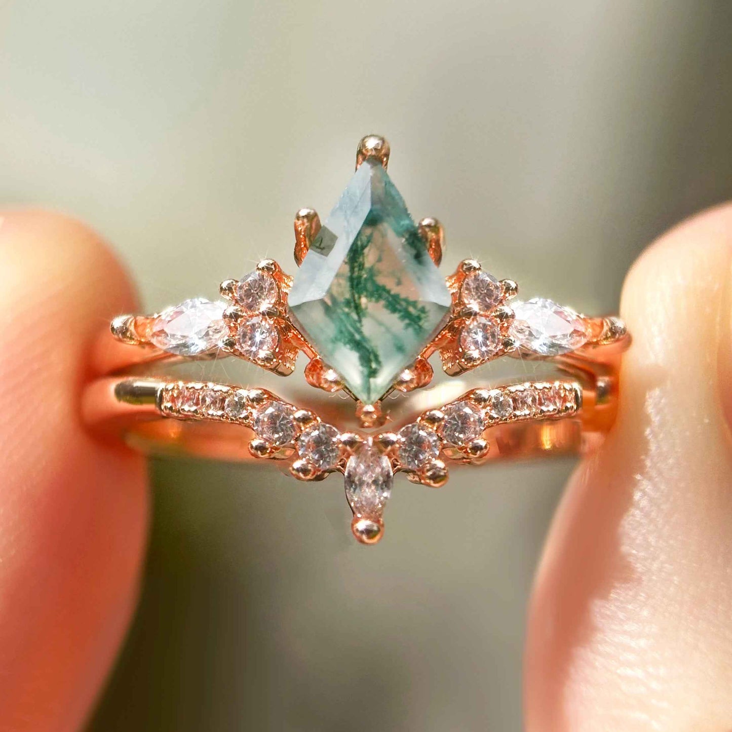 STAR WISH moss agate fairy ring set shown on hand