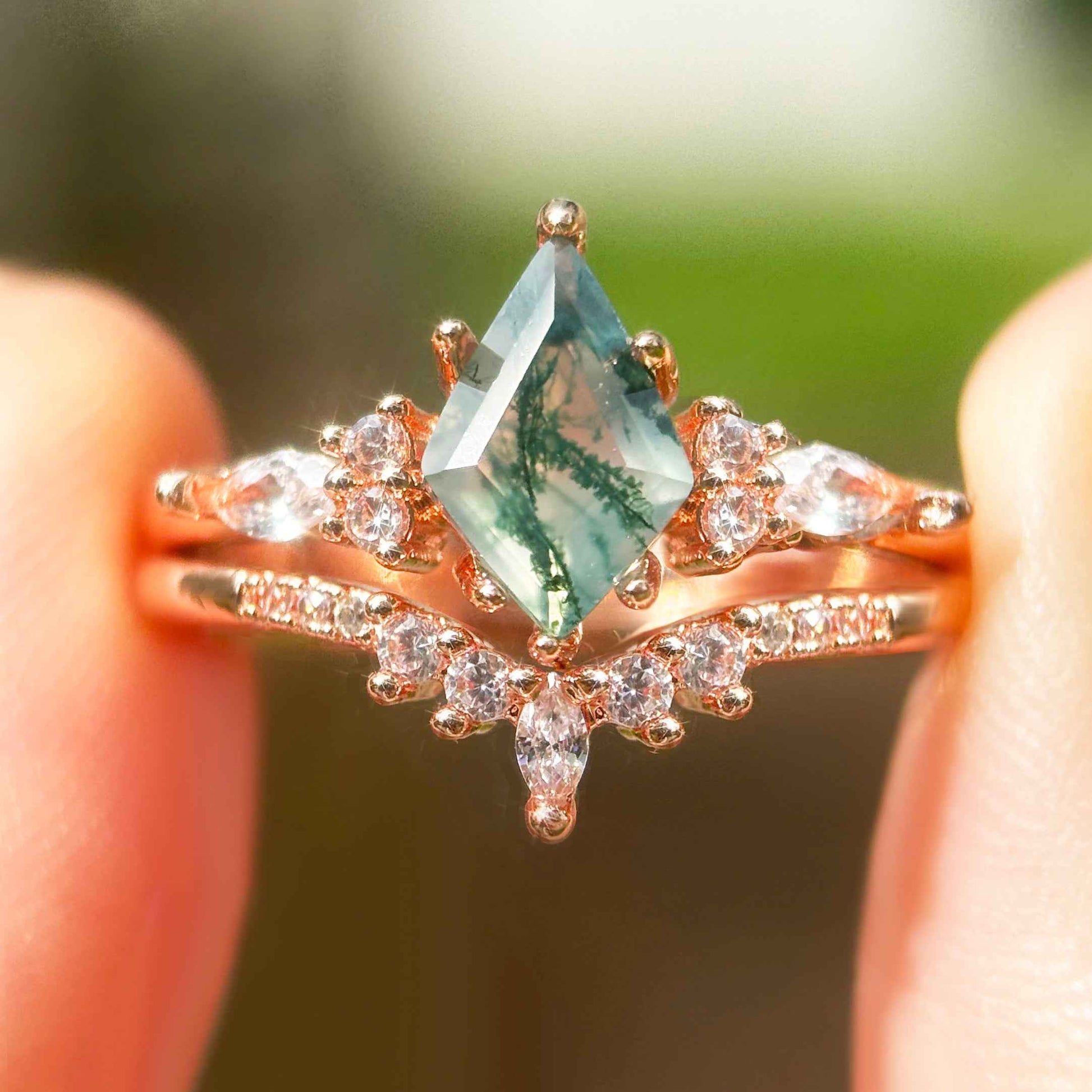 Side view of STAR WISH moss agate fairy ring set