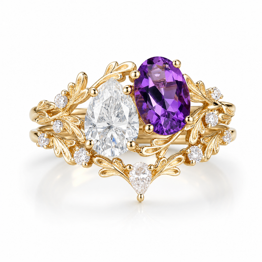 STAR WISH natural amethyst and moissanite floral branch ring set on white background