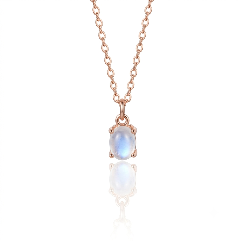 STAR WISH oval moonstone necklace in rose gold plated sterling silver front view