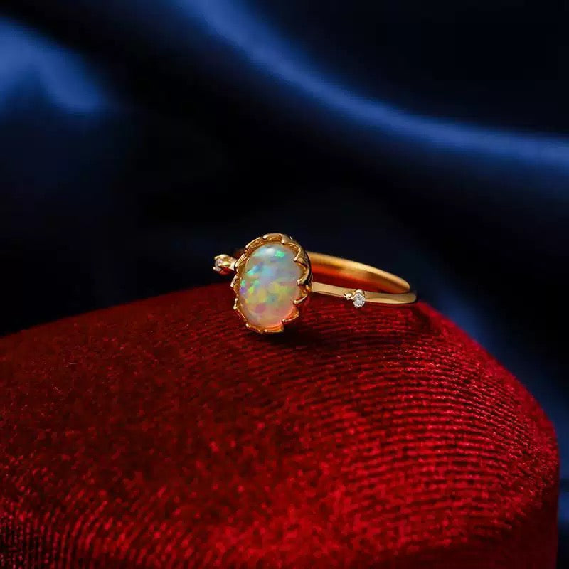 STAR WISH oval opal adjustable ring with CZ accents front view