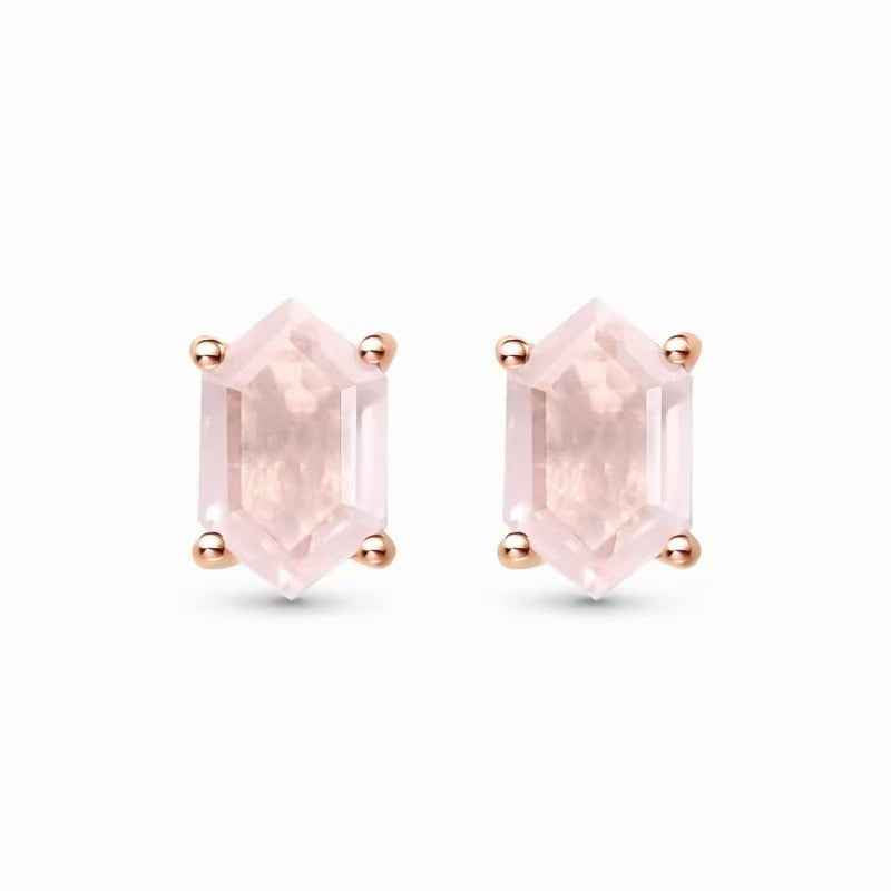 STAR WISH pink rose quartz hexagon stud earrings front view in sterling silver