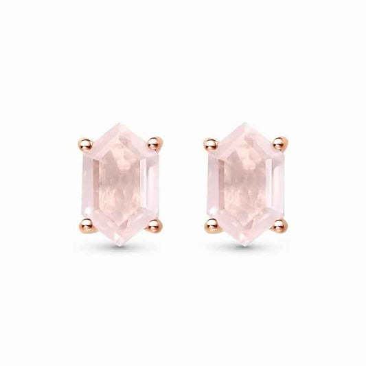 STAR WISH pink rose quartz hexagon stud earrings front view in sterling silver