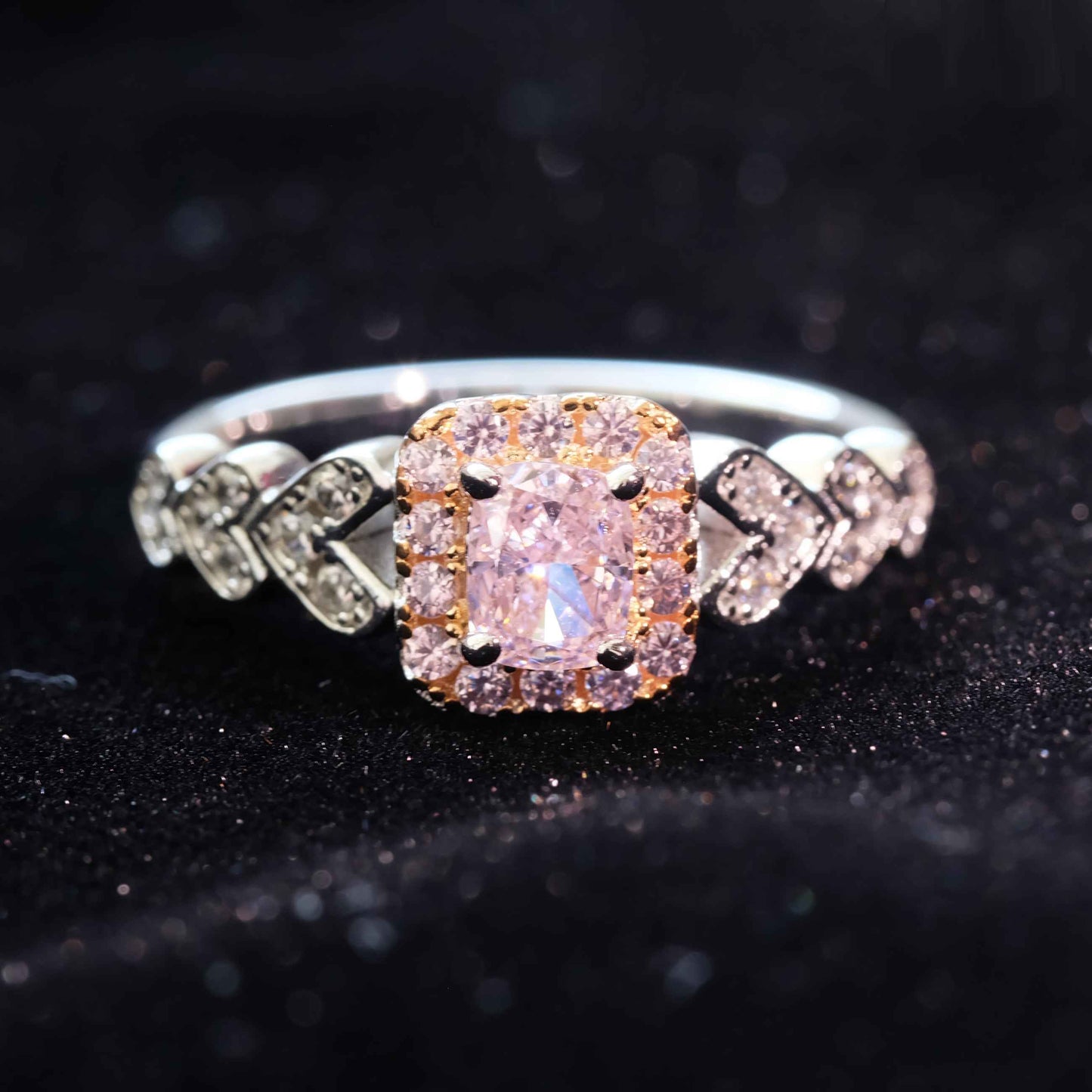 STAR WISH pink square zircon sterling silver ring shown on hand