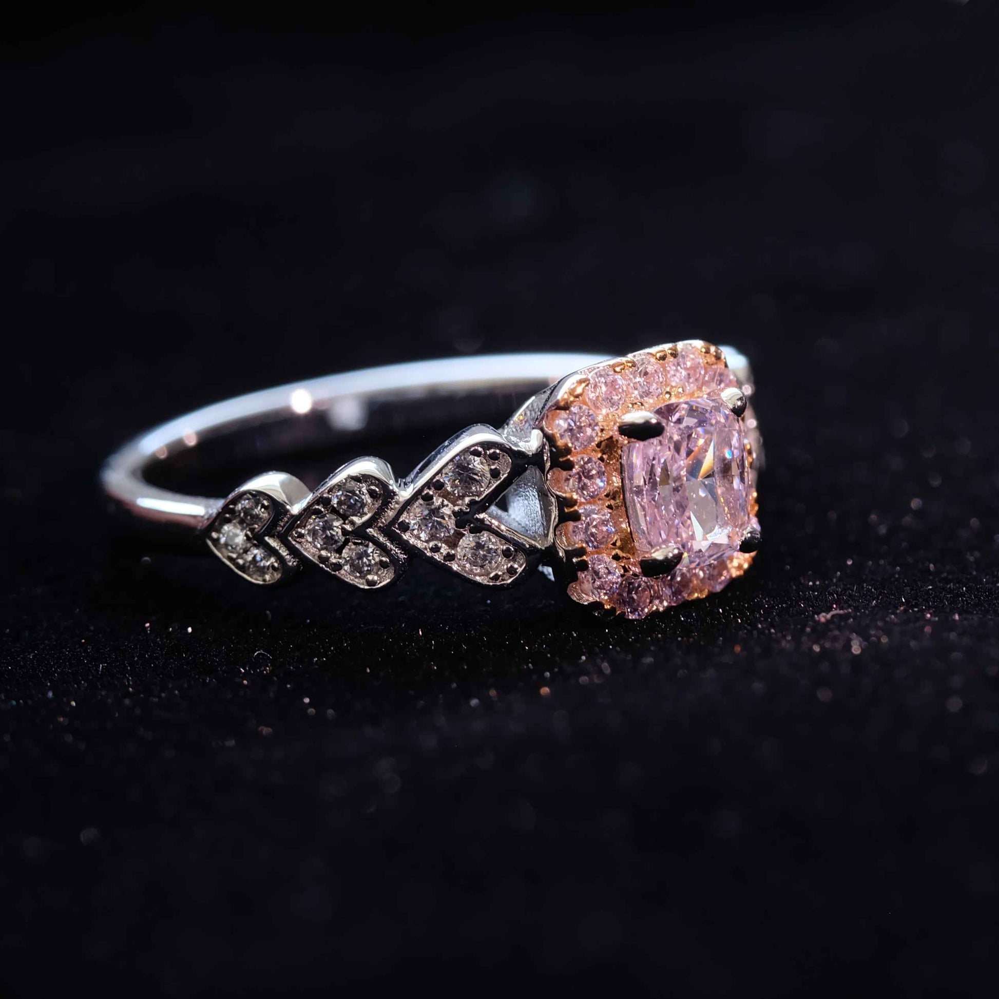 Detail view of STAR WISH pink zircon ring with sterling silver setting