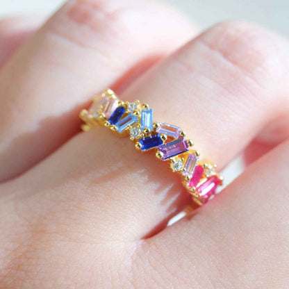 Close up of multicolor zircon stones on STAR WISH rainbow band ring