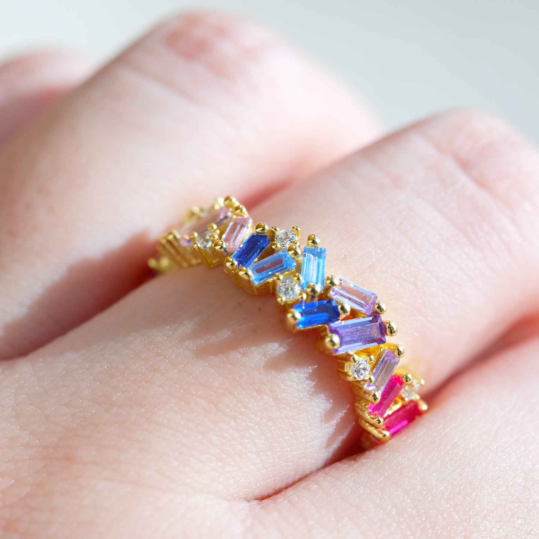 STAR WISH rainbow zircon band ring in 18K gold plated sterling silver front view
