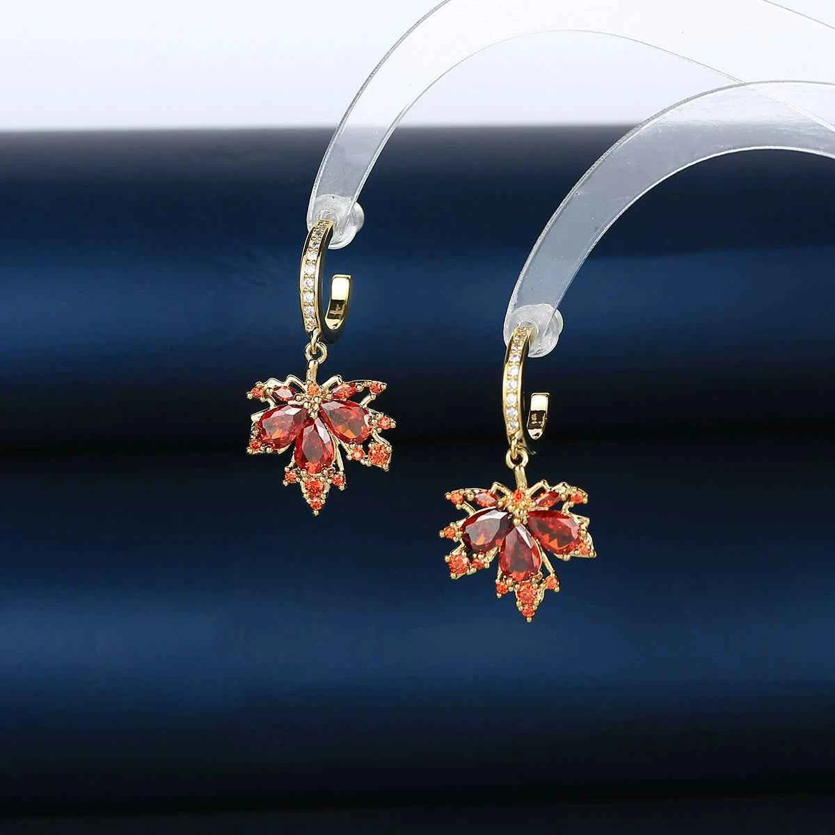 Red Maple Leaf Zircon Stud Earrings