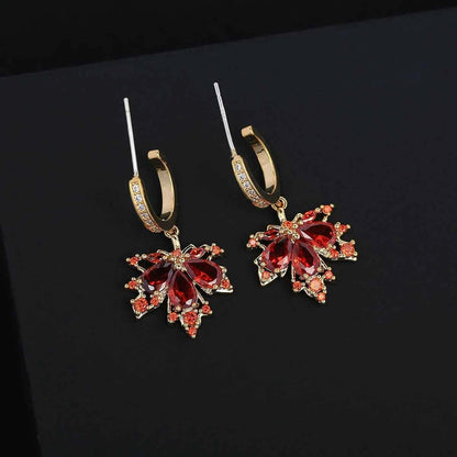 Red Maple Leaf Zircon Stud Earrings