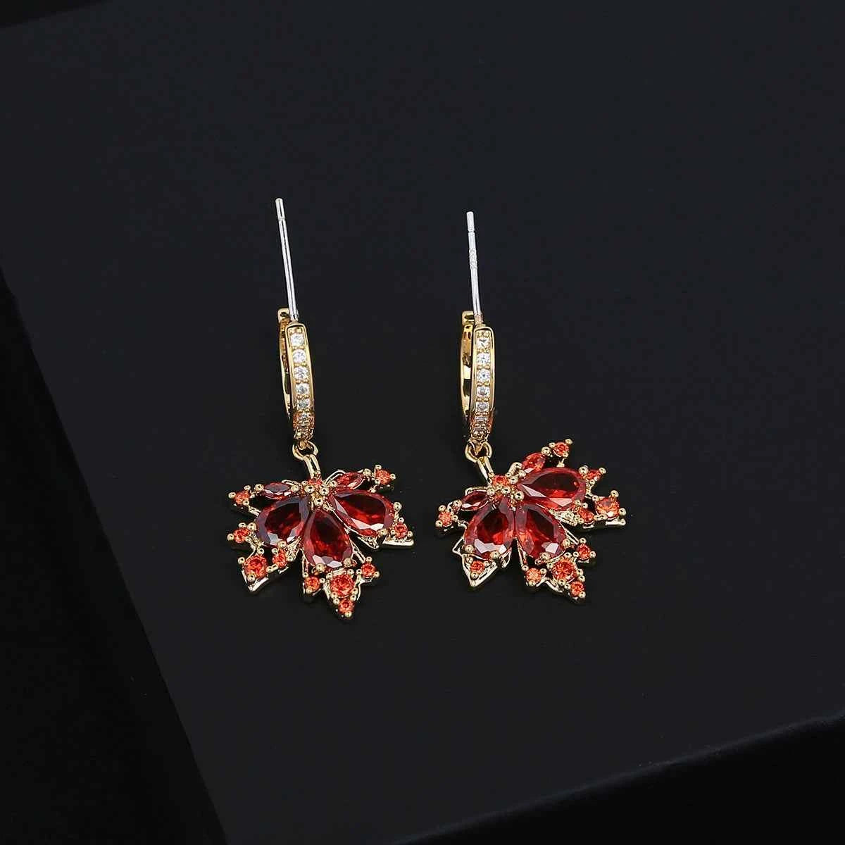 Red Maple Leaf Zircon Stud Earrings